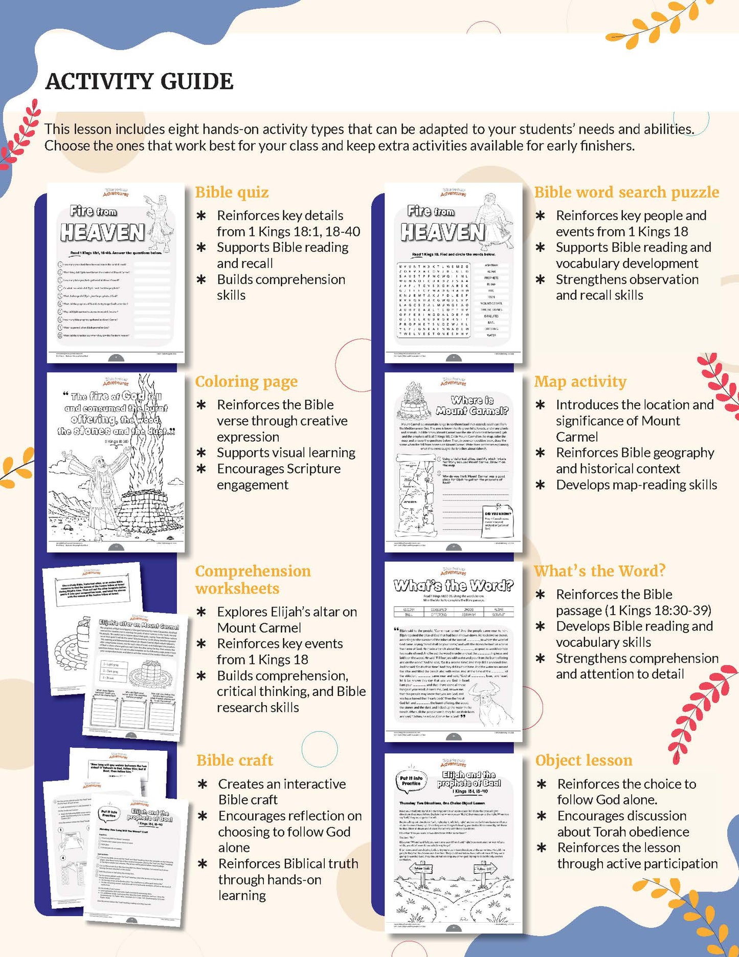 An educational activity guide sheet titled 'Elijah & The Prophets of Baal' for grades 3-6.' with multiple lesson activity panels, including Bible quiz, Bible word search puzzle, coloring page, map activity, comprehension worksheet, 'What's the Word?', Bible craft, and Object lesson. The sheet has a white background with blue and orange sections, black text, and sample worksheet images.