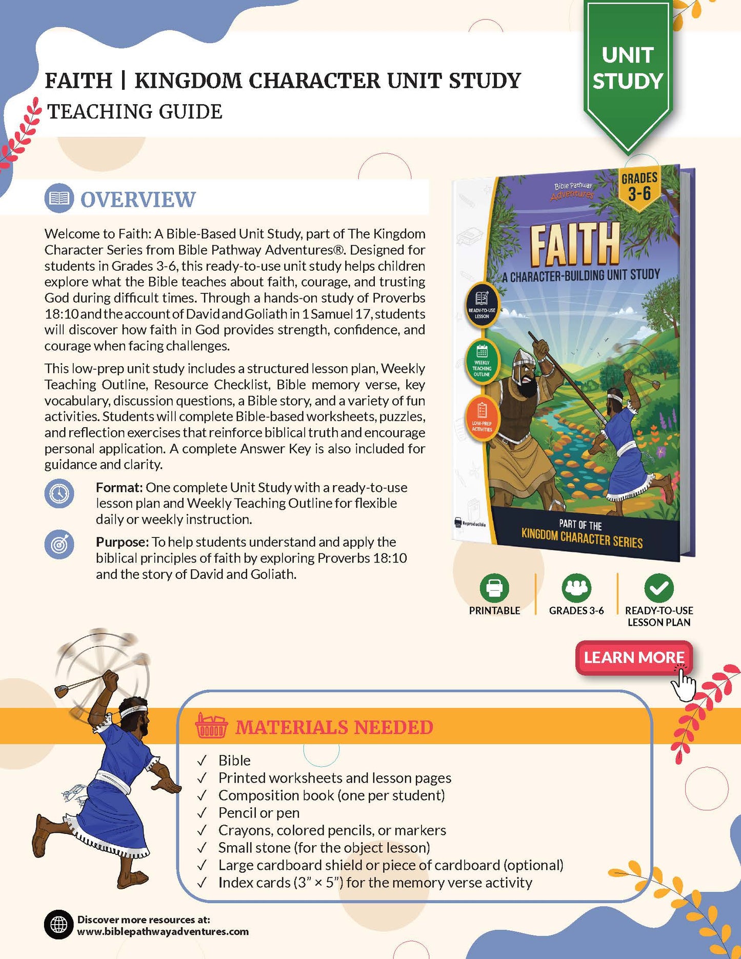 Teaching guide for a 'Faith' character-building unit study with colorful design and text.