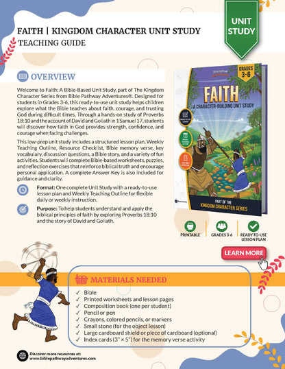 Teaching guide for a 'Faith' character-building unit study with colorful design and text.