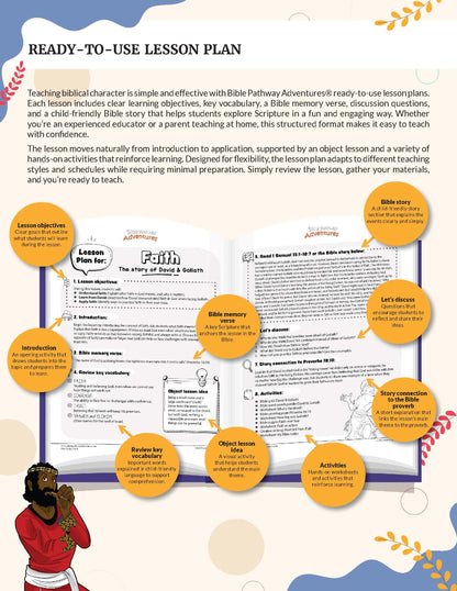 Lesson plan for teaching Faith biblical character with colorful graphics and text.