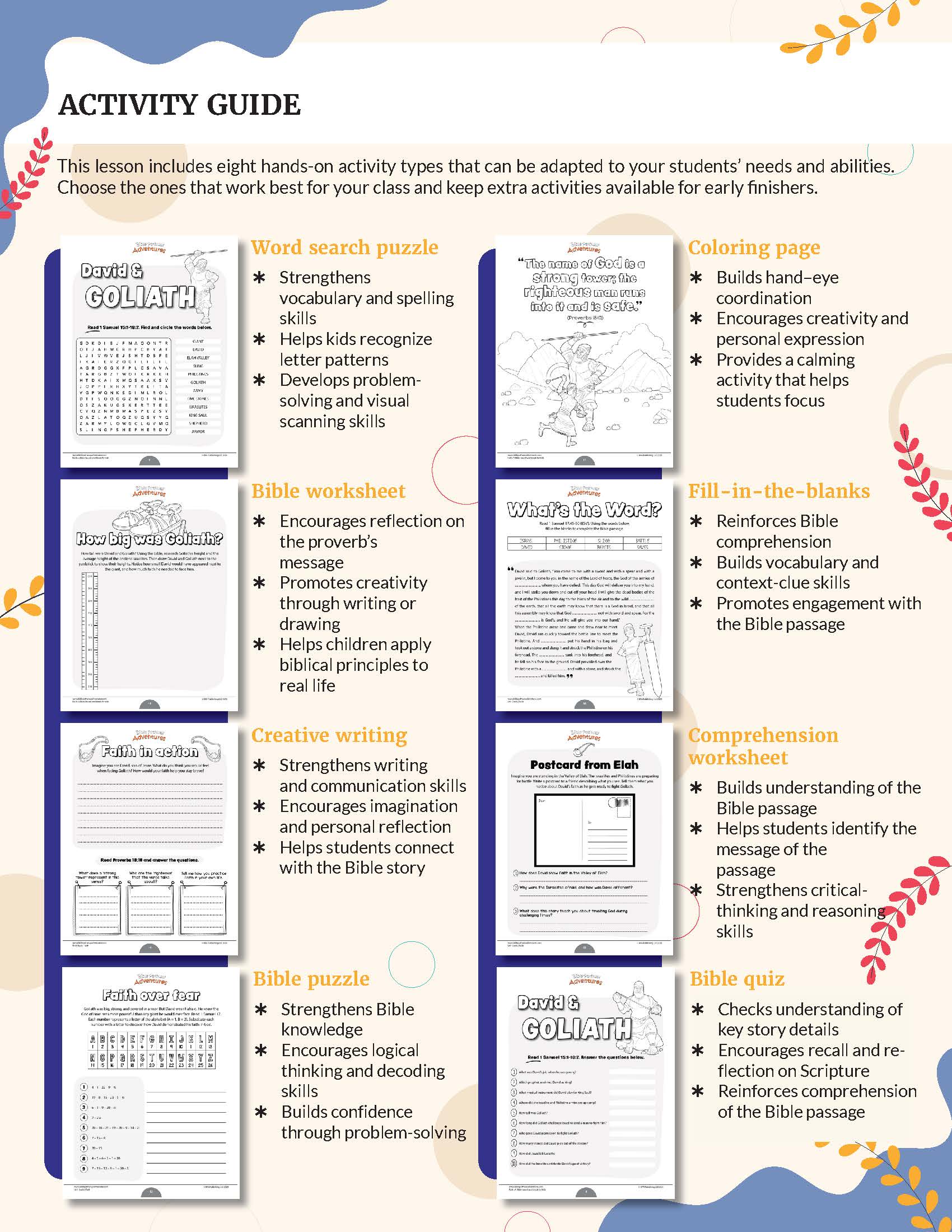 Faith Activity guide with various educational worksheets and activities on a white background.