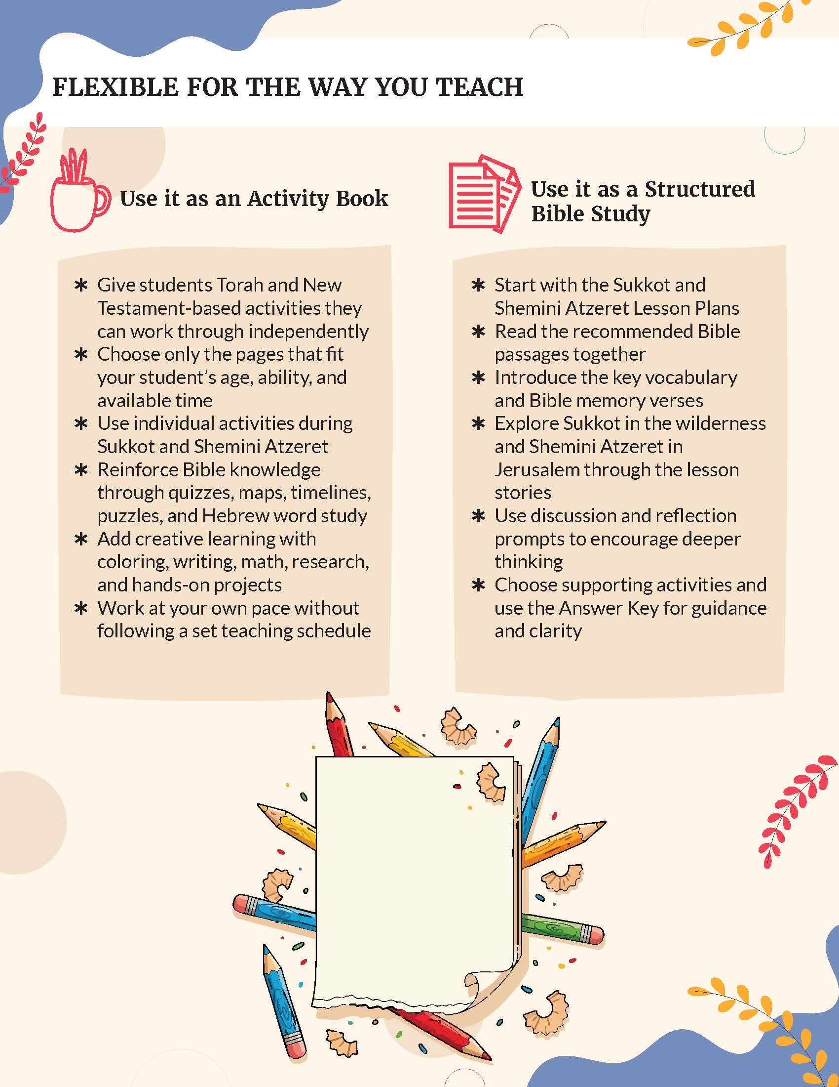 A flat lay preview of a Bible study guide book titled 'Flexible for the Way You Teach' on a cream-colored background. The book cover features a colorful illustration of a pencil, a ruler, and a pencil sharpener, along with text detailing how to use the book as an activity book or a structured Bible study.