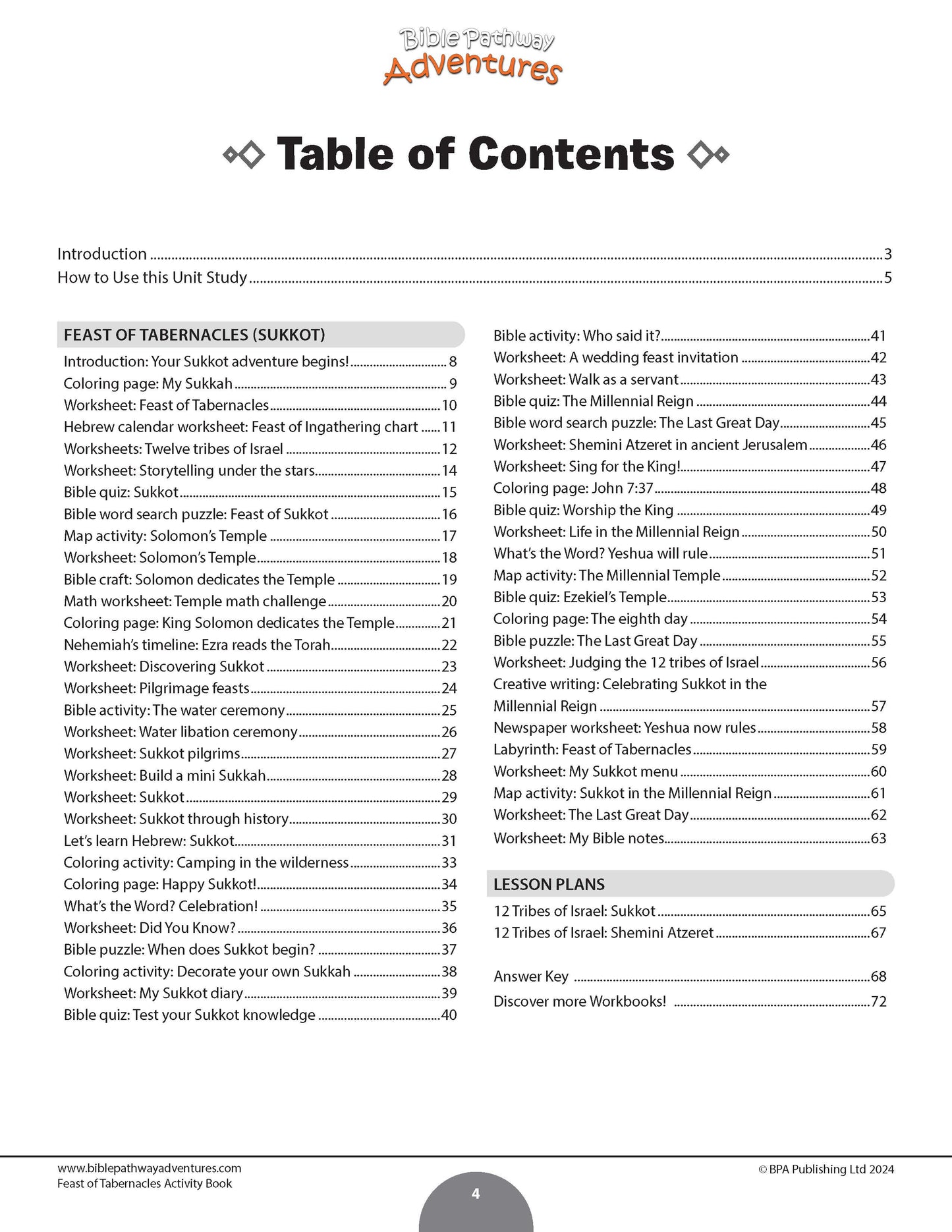 A printed table of contents page from a children's workbook titled 'Bible Adventures', showing chapter and section headings with page numbers on a white page.