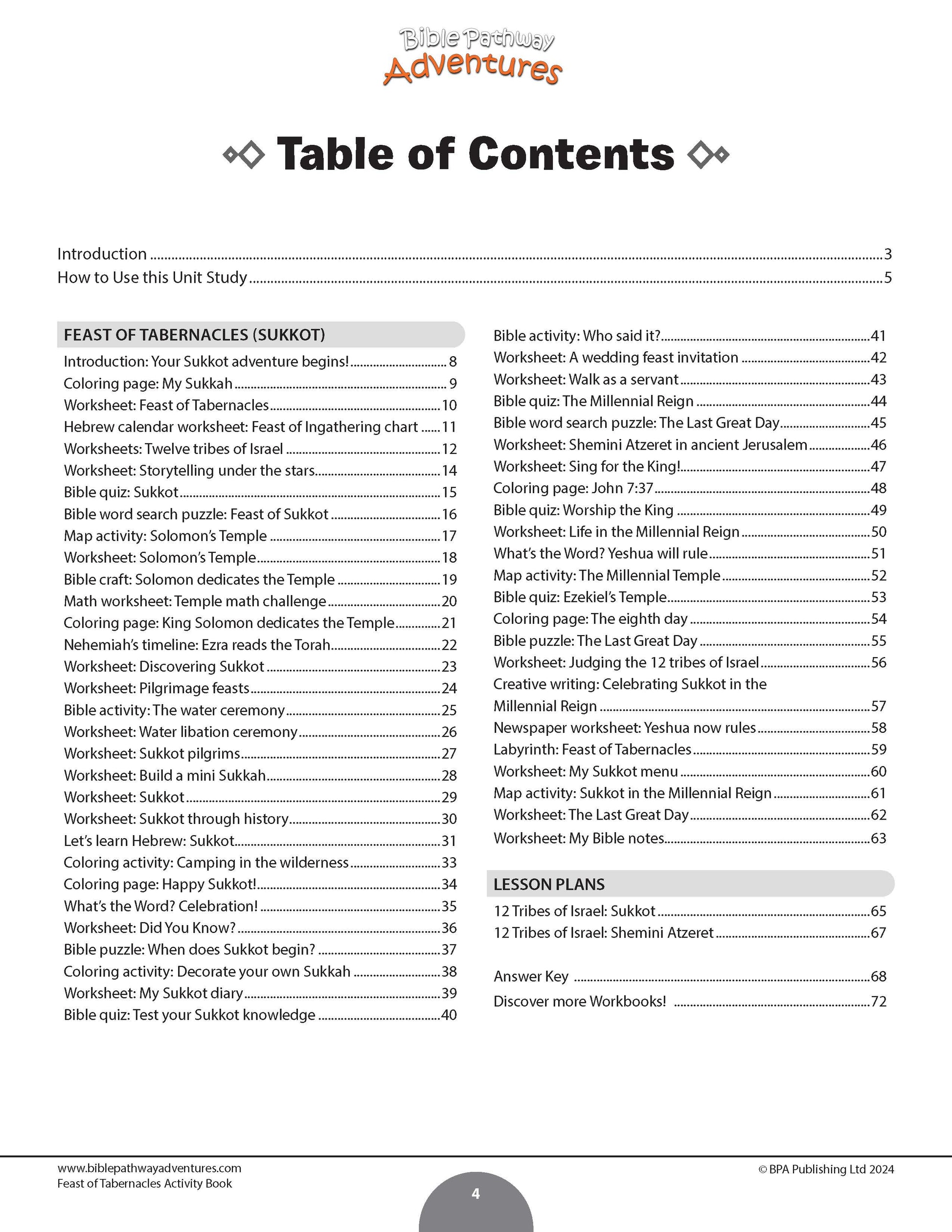 A printed table of contents page from a children's workbook titled 'Bible Adventures', showing chapter and section headings with page numbers on a white page.