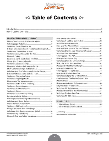 A printed table of contents page from a children's workbook titled 'Bible Adventures', showing chapter and section headings with page numbers on a white page.