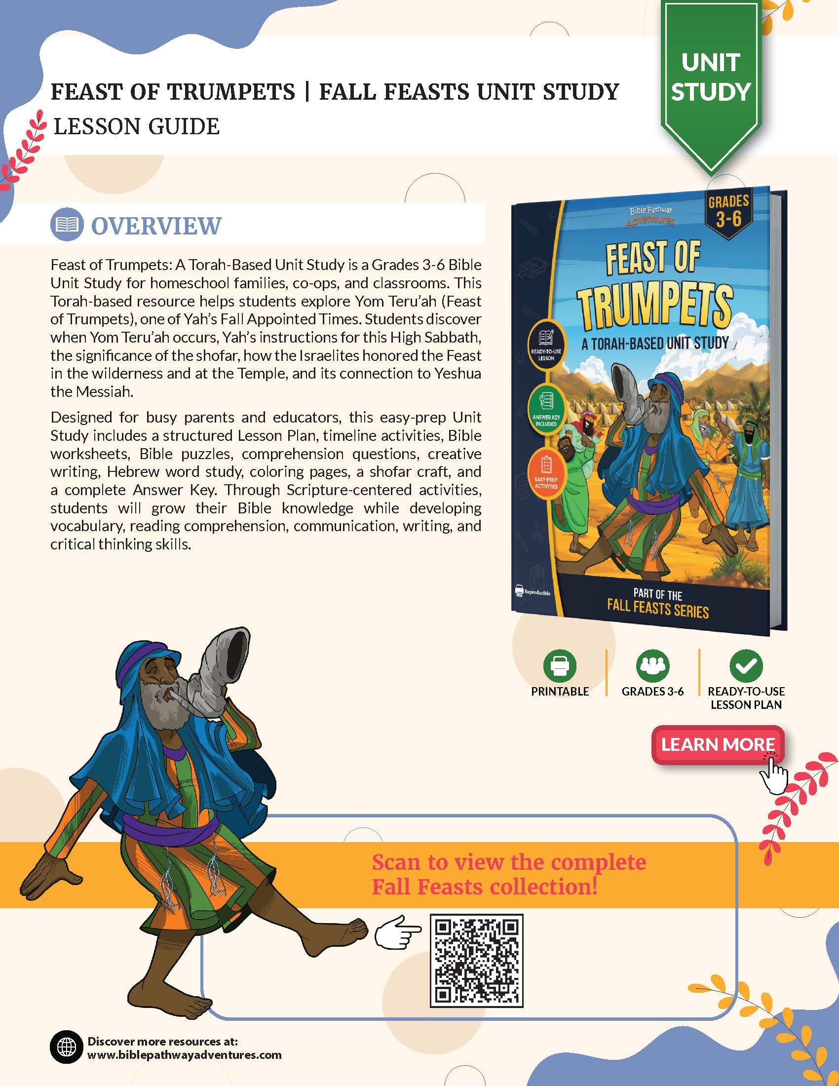 Promotional graphic for a printable lesson guide titled 'Feast of Trumpets | Fall Feasts Unit Study Lesson Guide' on a white background. The design includes a large product cover mockup for a 3rd-grade Bible study, descriptive text, a green 'UNIT GUIDE' banner, and decorative autumn leaves and a golden trumpet illustration.