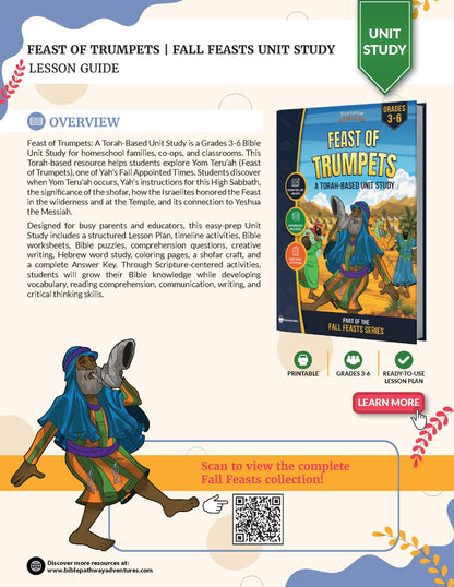 Promotional graphic for a printable lesson guide titled 'Feast of Trumpets | Fall Feasts Unit Study Lesson Guide' on a white background. The design includes a large product cover mockup for a 3rd-grade Bible study, descriptive text, a green 'UNIT GUIDE' banner, and decorative autumn leaves and a golden trumpet illustration.