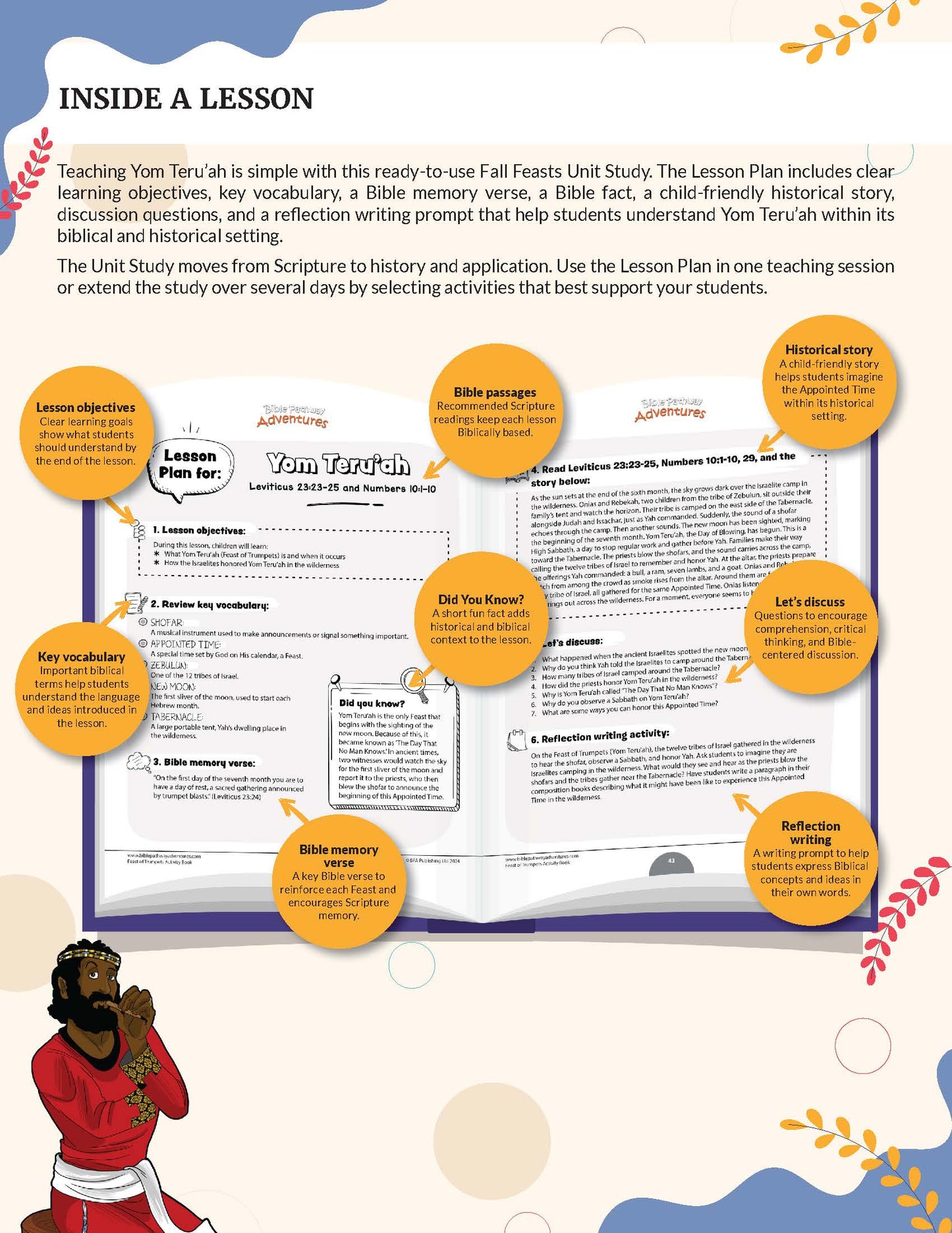 An educational poster titled 'INSIDE A LESSON' for 'Yom Torah' featuring a mockup of a lesson plan booklet surrounded by orange callout circles with teaching tips, plus a small illustration of a child in a red and white outfit at the bottom. Feast of Trumpets | Fall Feasts Unit Study