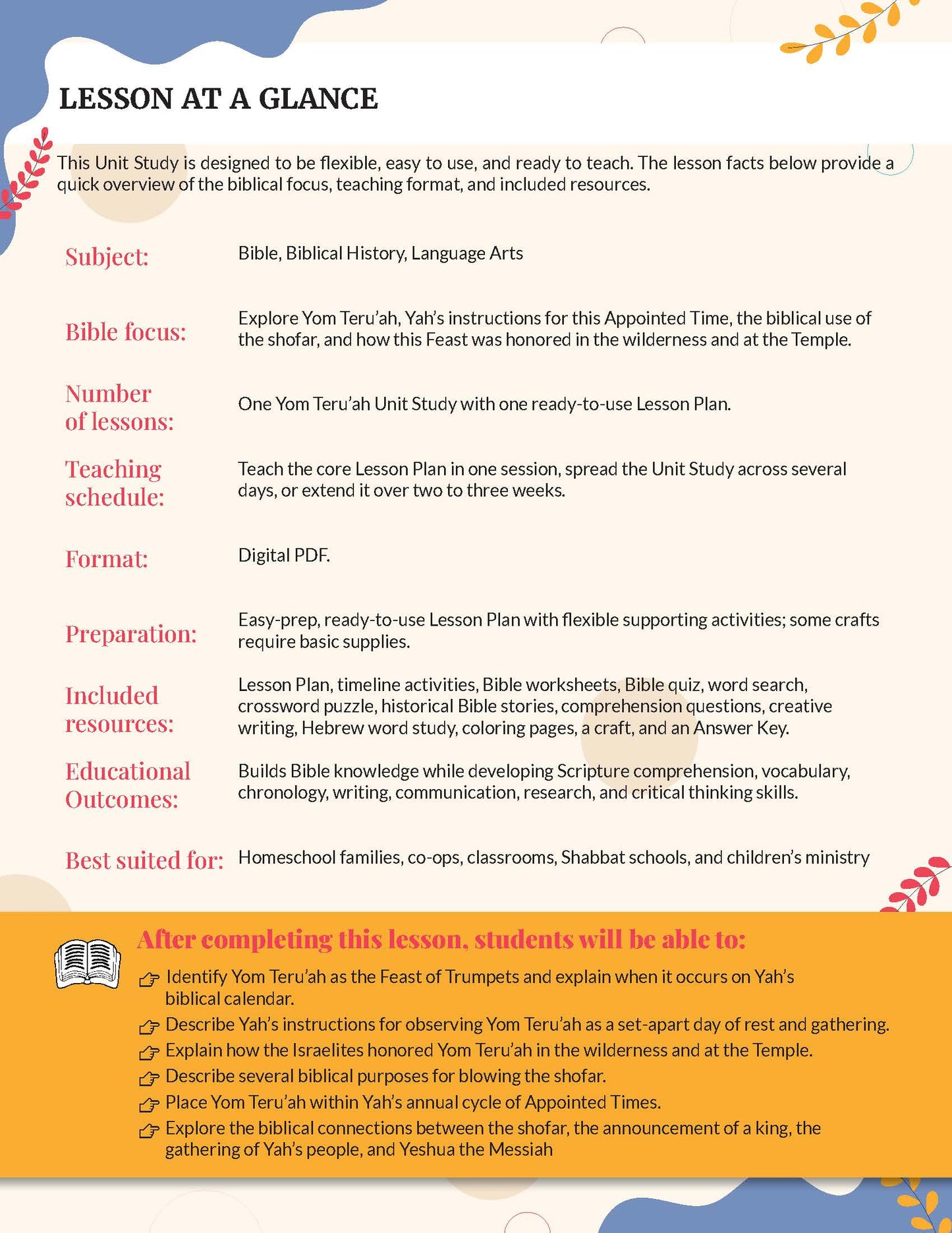 A digital lesson plan cover titled 'LESSON AT A GLANCE' for Bible, Biblical Languages, History Arts, featuring a light green and white layout with text sections and icons. Feast of Trumpets | Fall Feasts Unit Study
