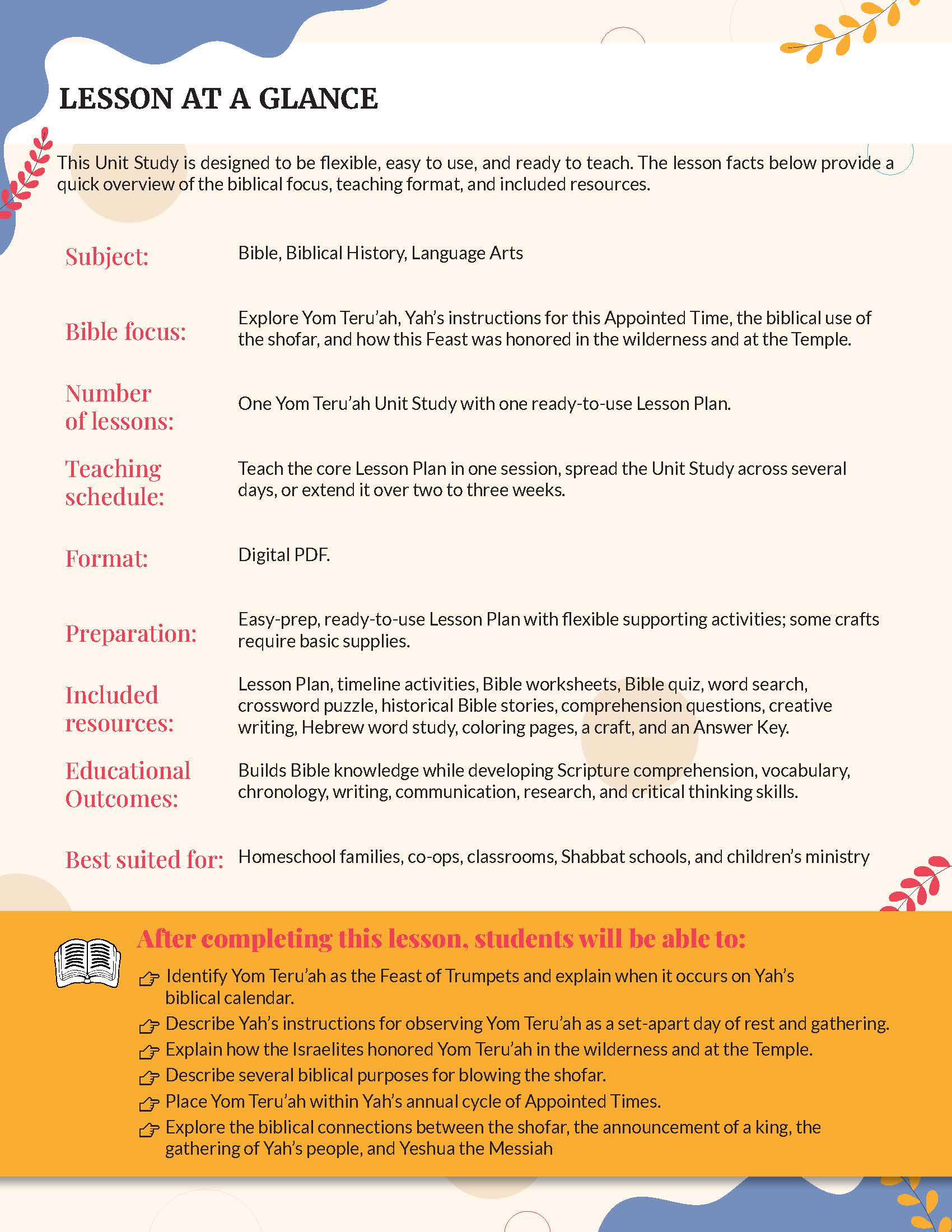 A digital lesson plan cover titled 'LESSON AT A GLANCE' for Bible, Biblical Languages, History Arts, featuring a light green and white layout with text sections and icons. Feast of Trumpets | Fall Feasts Unit Study