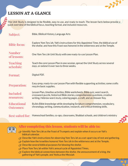 A digital lesson plan cover titled 'LESSON AT A GLANCE' for Bible, Biblical Languages, History Arts, featuring a light green and white layout with text sections and icons. Feast of Trumpets | Fall Feasts Unit Study