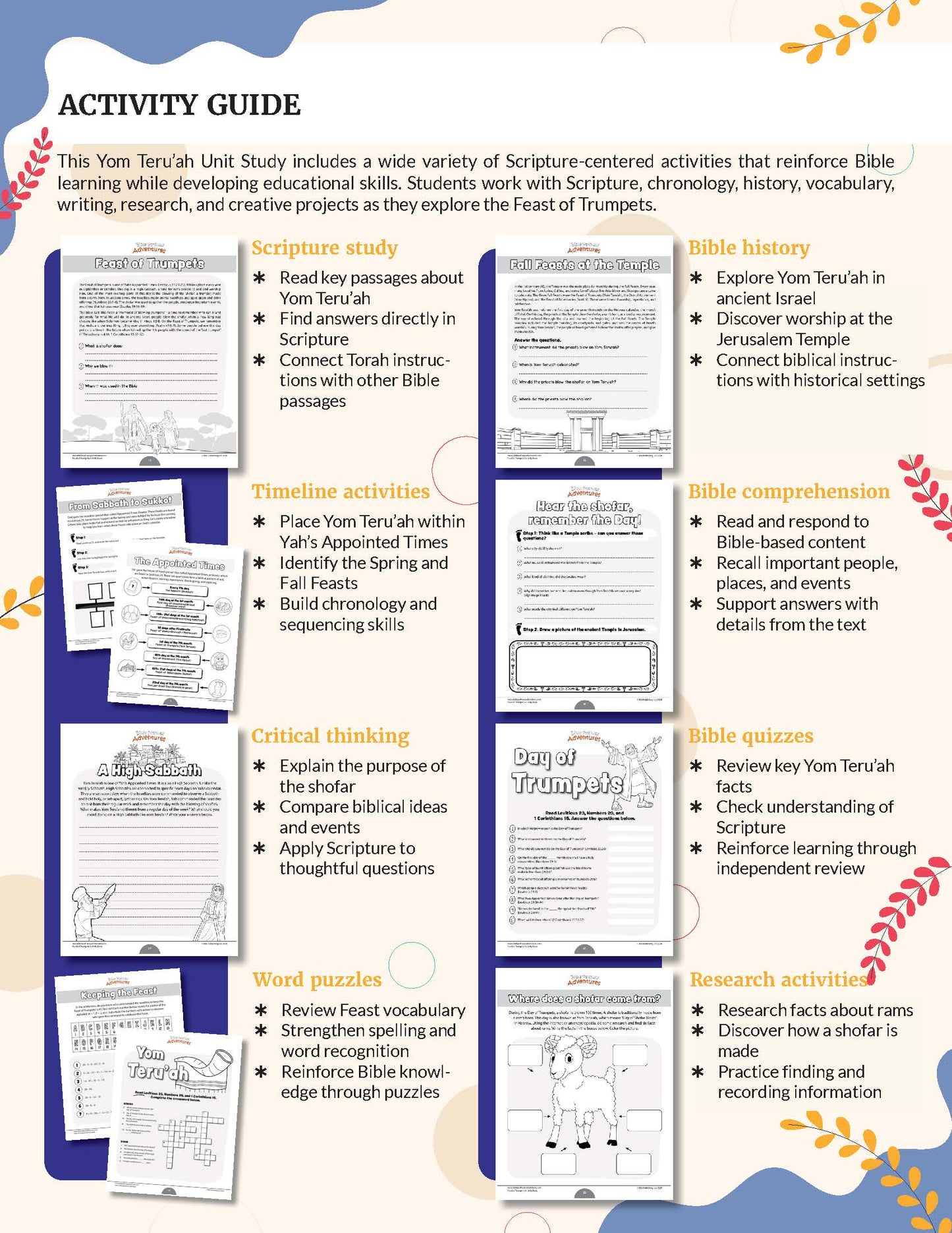 An educational activity guide poster for a Yom Torah Unit, featuring a colorful grid layout with sections for Scripture study, timeline activities, biblical history, Bible comprehension, Bible quizzes, word puzzles, research activities, and a central 'Stay of Judgment' sign.