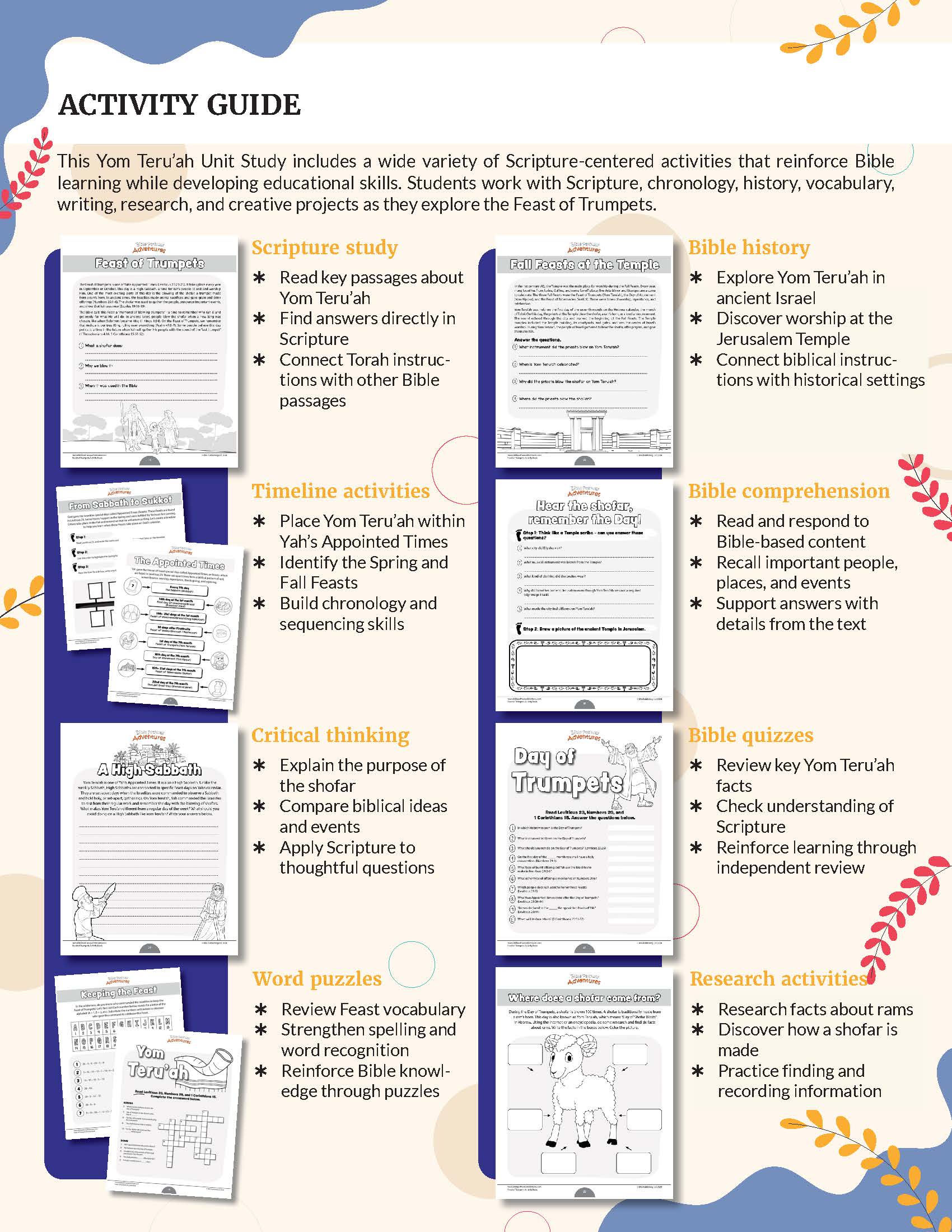 An educational activity guide poster for a Yom Torah Unit, featuring a colorful grid layout with sections for Scripture study, timeline activities, biblical history, Bible comprehension, Bible quizzes, word puzzles, research activities, and a central 'Stay of Judgment' sign.