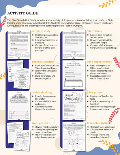 An educational activity guide poster for a Yom Torah Unit, featuring a colorful grid layout with sections for Scripture study, timeline activities, biblical history, Bible comprehension, Bible quizzes, word puzzles, research activities, and a central 'Stay of Judgment' sign.