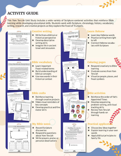 An educational activity guide poster for a Feast of Trumpets Unit, featuring a colorful, illustrated layout with sections for creative writing, Bible vocabulary, coloring pages, Hebrew learning, Bible crafts, Bible notes, Bible activities, and practical application.