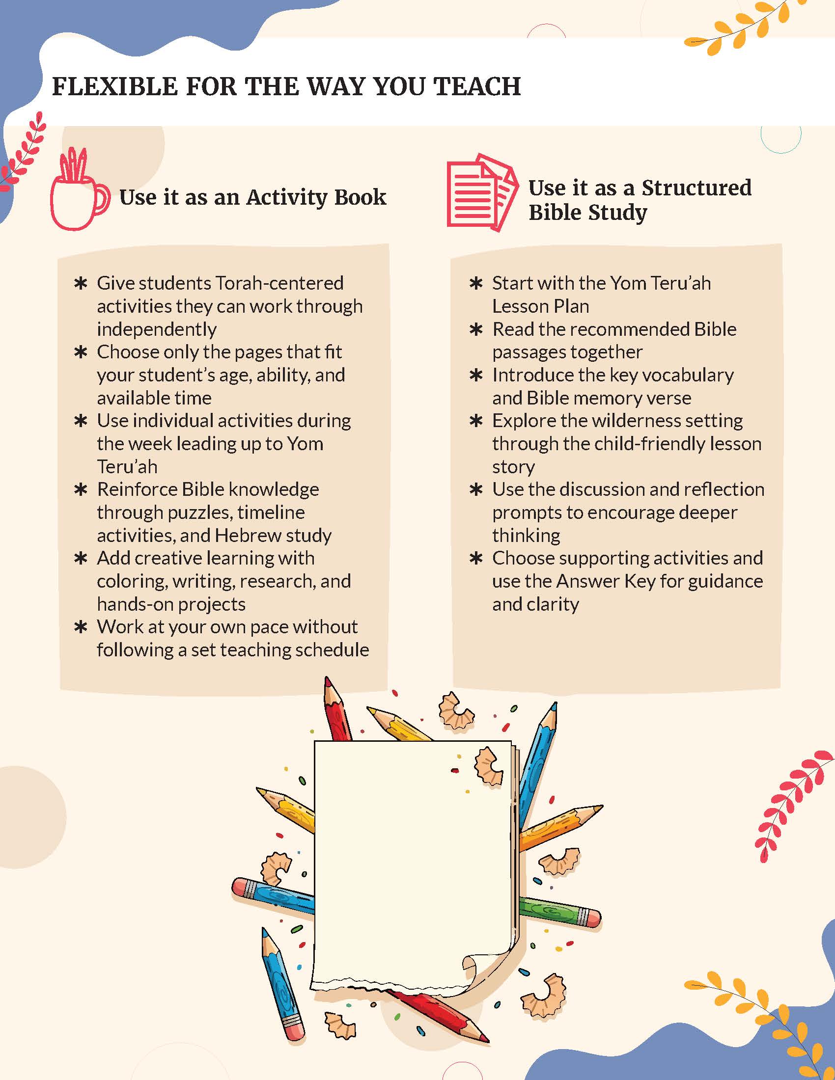 A Bible study activity book cover titled 'Flexible for the Way You Teach' with colorful illustrations of children, a hand, and religious symbols, plus text describing how to use it as an activity book or structured Bible study. Feast of Trumpets | Fall Feasts Unit Study