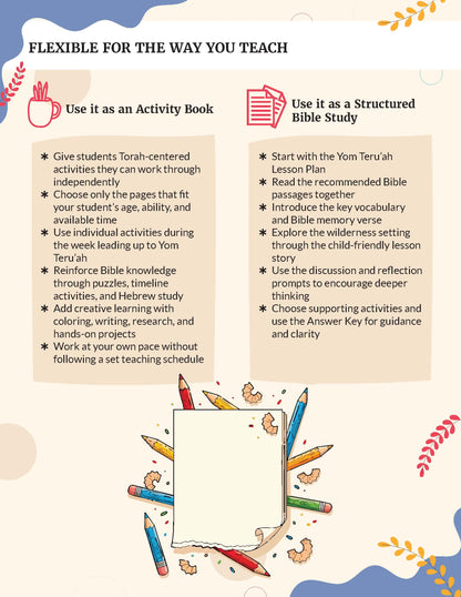 A Bible study activity book cover titled 'Flexible for the Way You Teach' with colorful illustrations of children, a hand, and religious symbols, plus text describing how to use it as an activity book or structured Bible study. Feast of Trumpets | Fall Feasts Unit Study