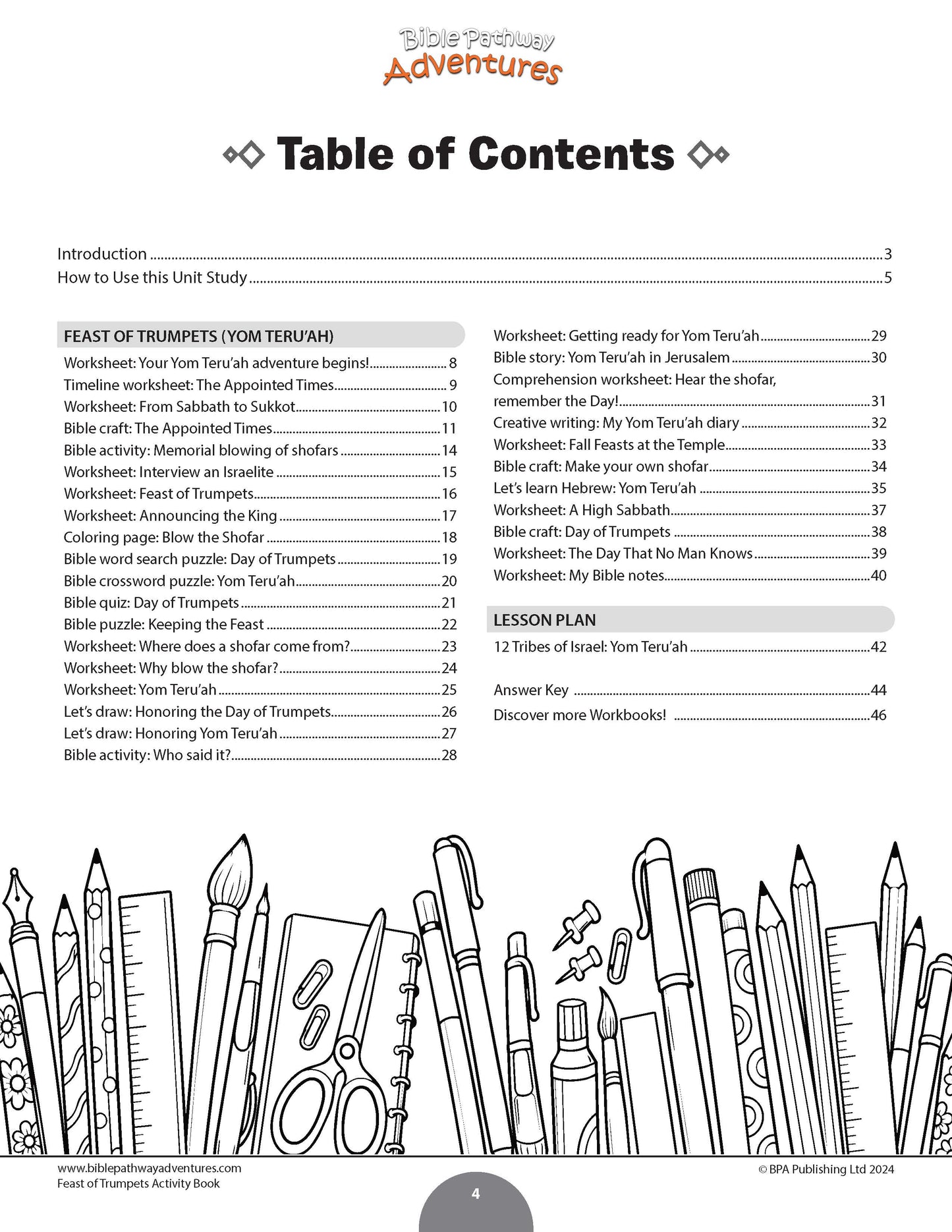 A printable worksheet page titled 'Table of Contents' from Feast of Trumpets | Fall Feasts Unit Study, showing a lesson plan about Feasts of Trumpets with numbered sections, worksheet titles, and a decorative illustration of pencils at the bottom.