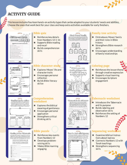 Teaching guide for 'Gentleness' from the Bible Pathway Adventures Fruit of the Spirit series - Activity guide with various educational activities on a white background