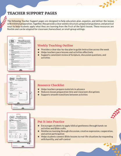 Teaching guide for 'Gentleness' from the Bible Pathway Adventures Fruit of the Spirit series - Teacher Support Pages with weekly teaching outline, resource checklist, and 'Put It Into Practice' sections.
