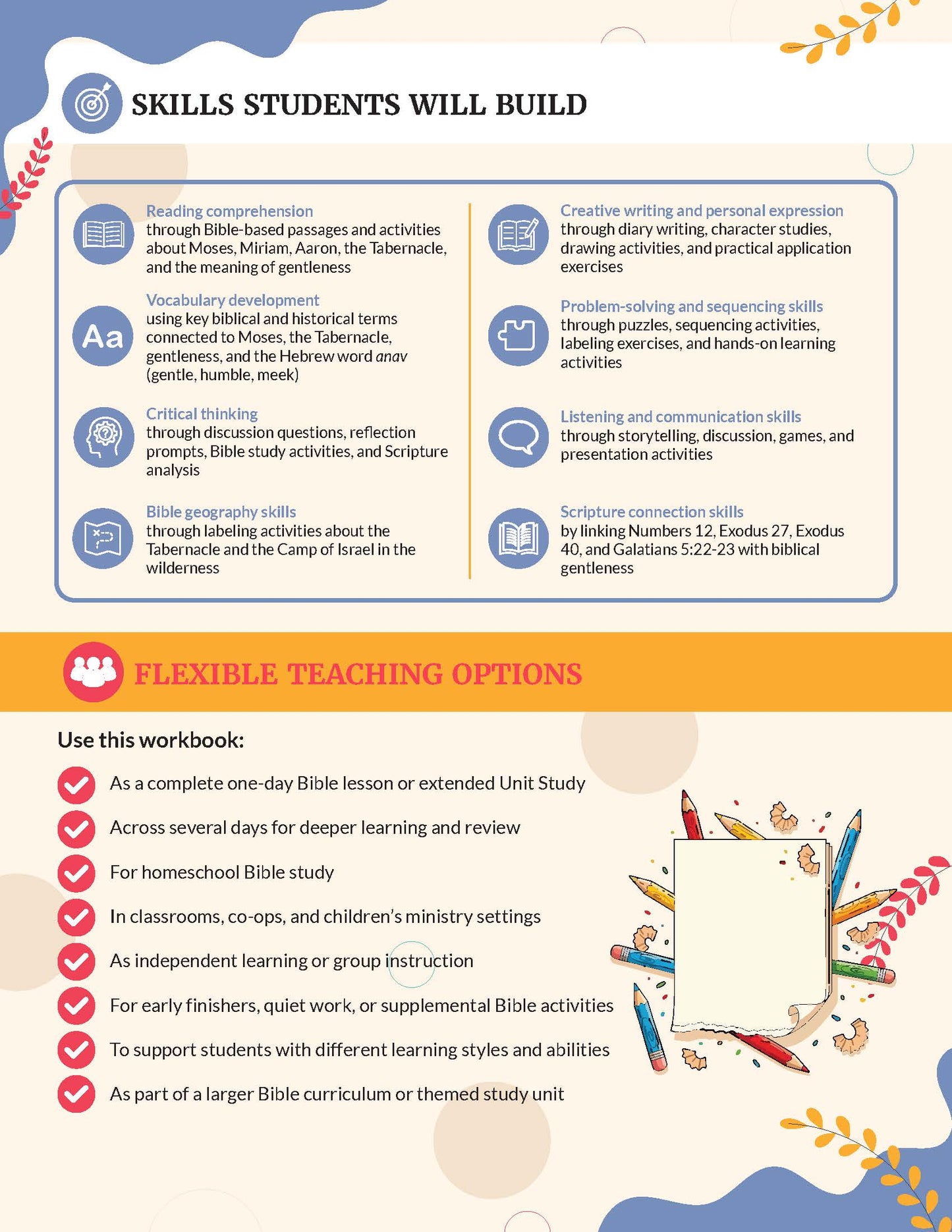 Teaching guide for 'Gentleness' from the Bible Pathway Adventures Fruit of the Spirit series - Educational workbook with skills students will build and flexible teaching options on a colorful background.