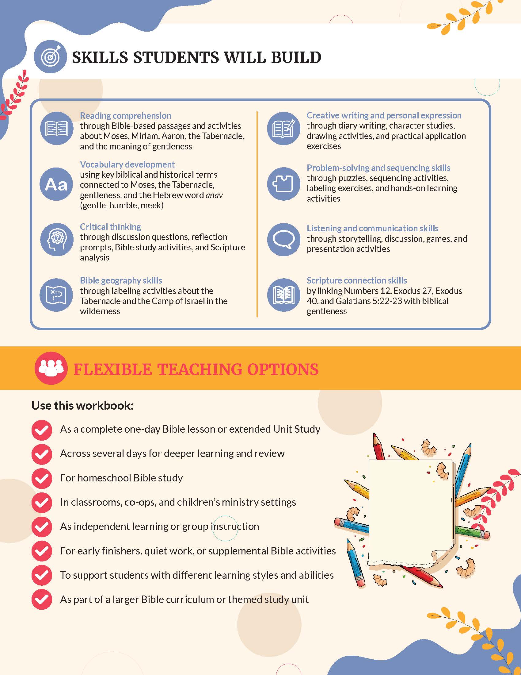Teaching guide for 'Gentleness' from the Bible Pathway Adventures Fruit of the Spirit series - Educational workbook with skills students will build and flexible teaching options on a colorful background.