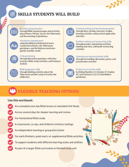 Teaching guide for 'Gentleness' from the Bible Pathway Adventures Fruit of the Spirit series - Educational workbook with skills students will build and flexible teaching options on a colorful background.