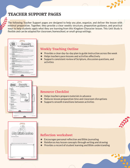 Teacher Support Pages with weekly teaching outline, resource checklist, and reflection worksheet on a colorful background.