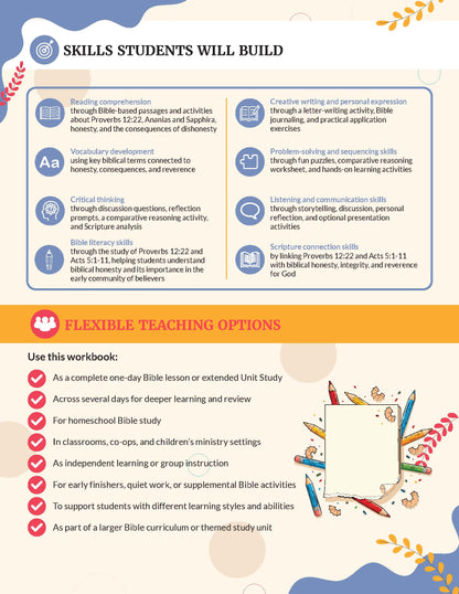 Educational workbook with skills students will build and flexible teaching options on a colorful background.
