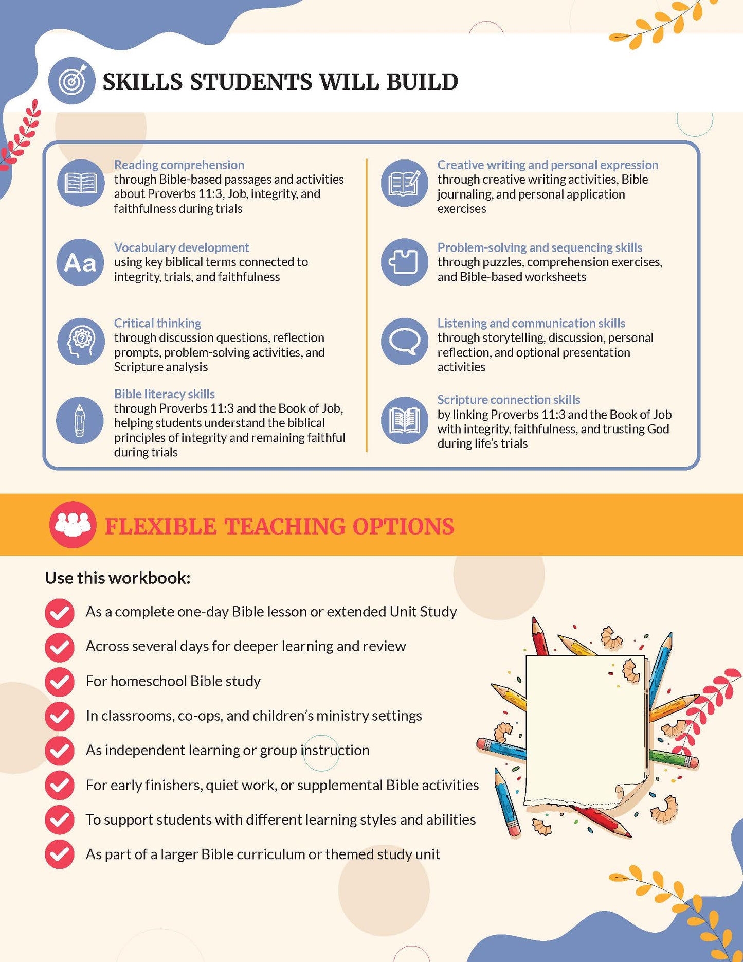 Educational workbook with skills students will build and flexible teaching options on a colorful background.