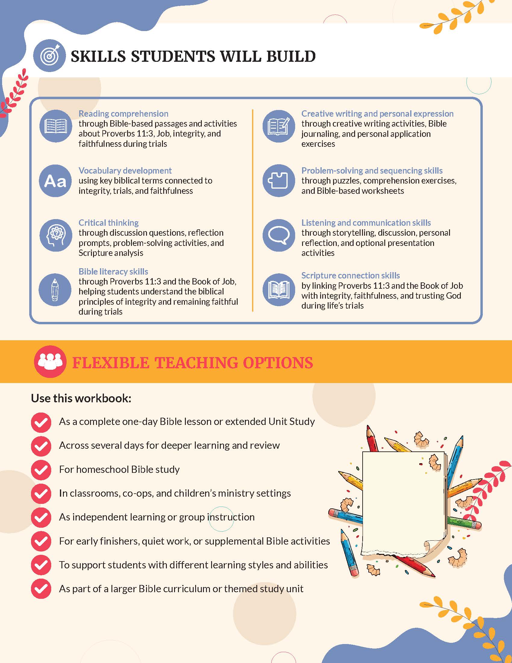 Educational workbook with skills students will build and flexible teaching options on a colorful background.