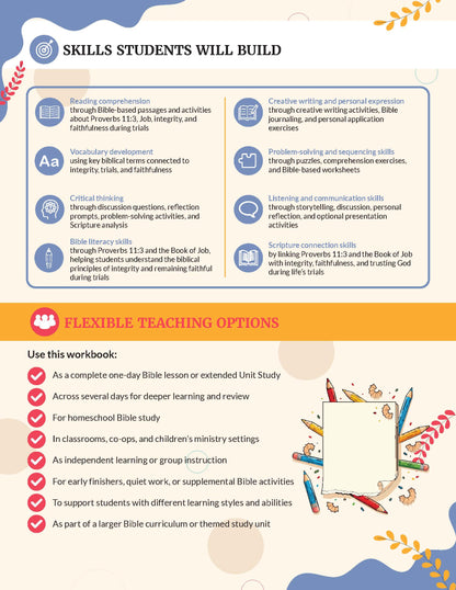 Educational workbook with skills students will build and flexible teaching options on a colorful background.