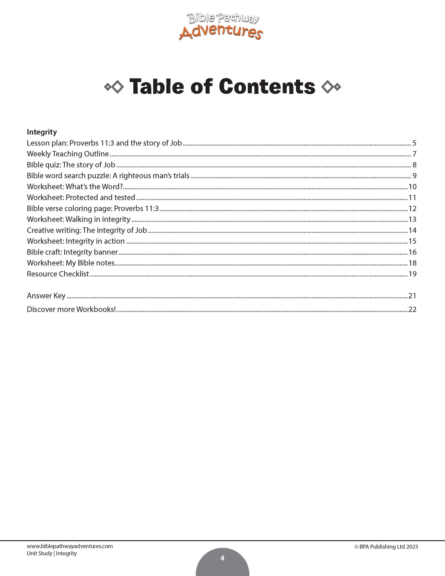 Table of contents for a educational resource on integrity with a white background.