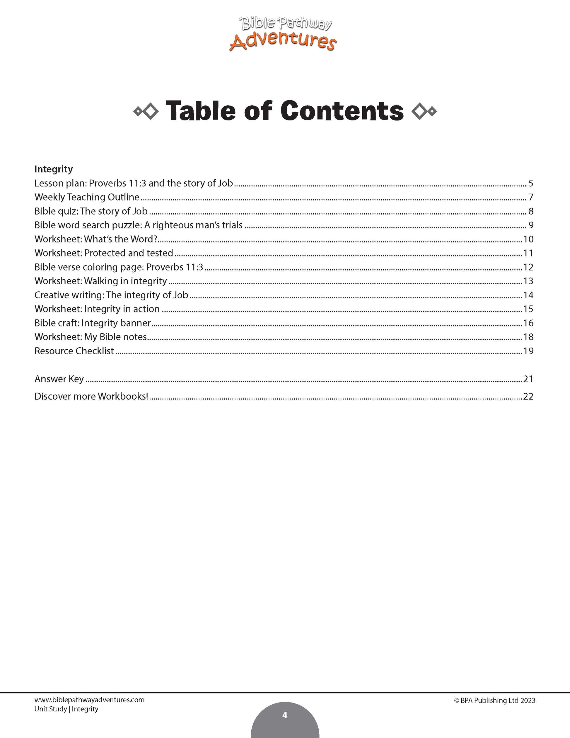 Table of contents for a educational resource on integrity with a white background.