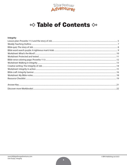 Table of contents for a educational resource on integrity with a white background.