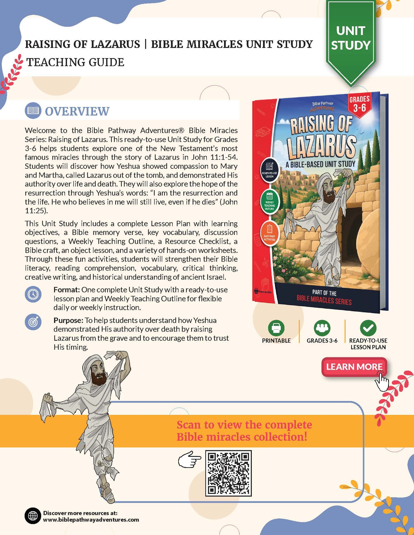A promotional flyer for the Bible Pathway Adventures 'Raising of Lazarus' Bible Miracles Unit Study, featuring a book cover, descriptive text, and a green 'Unit Study' badge on a white background with decorative leaf graphics.