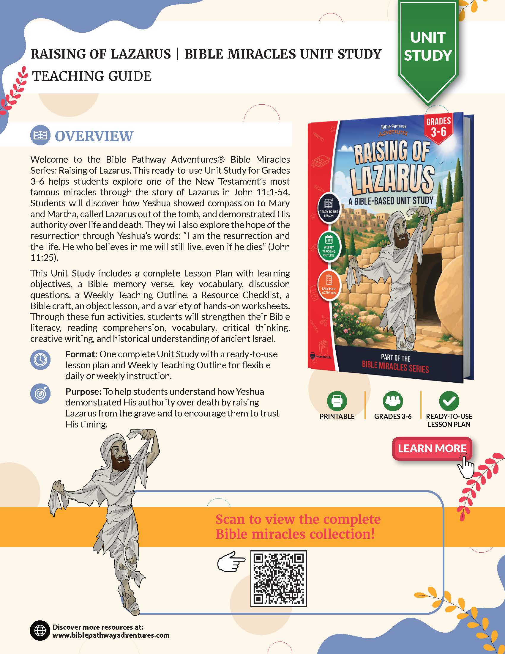 A promotional flyer for the Bible Pathway Adventures 'Raising of Lazarus' Bible Miracles Unit Study, featuring a book cover, descriptive text, and a green 'Unit Study' badge on a white background with decorative leaf graphics.