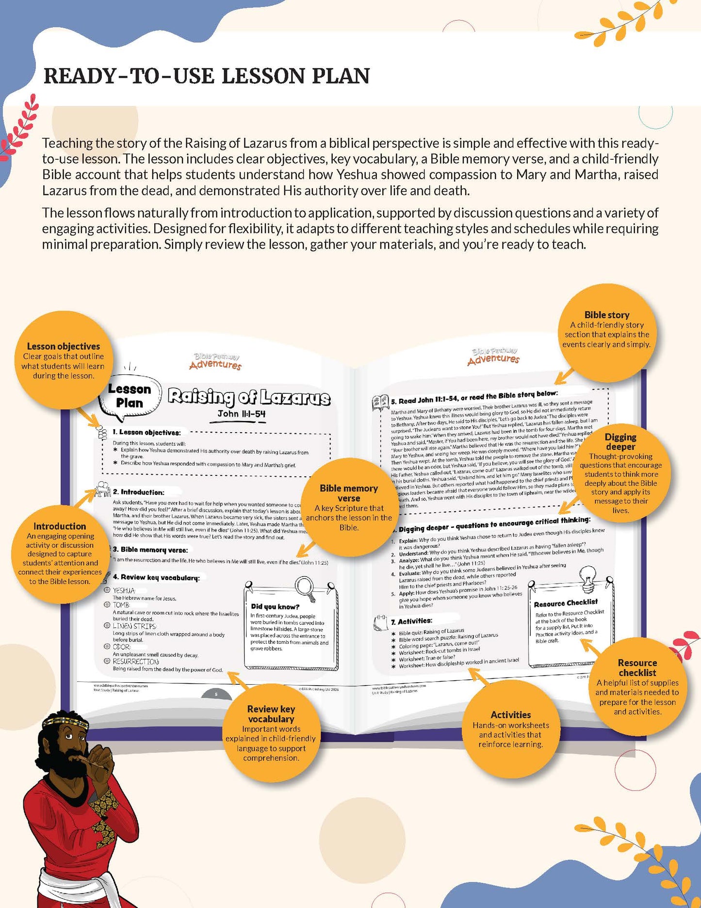 A colorful lesson plan poster titled 'READY-TO-USE LESSON PLAN' for 'The Teaching of Lazarus,' showing a mockup of printable lesson pages with callout circles, icons, and a small illustration of a child at the bottom left.