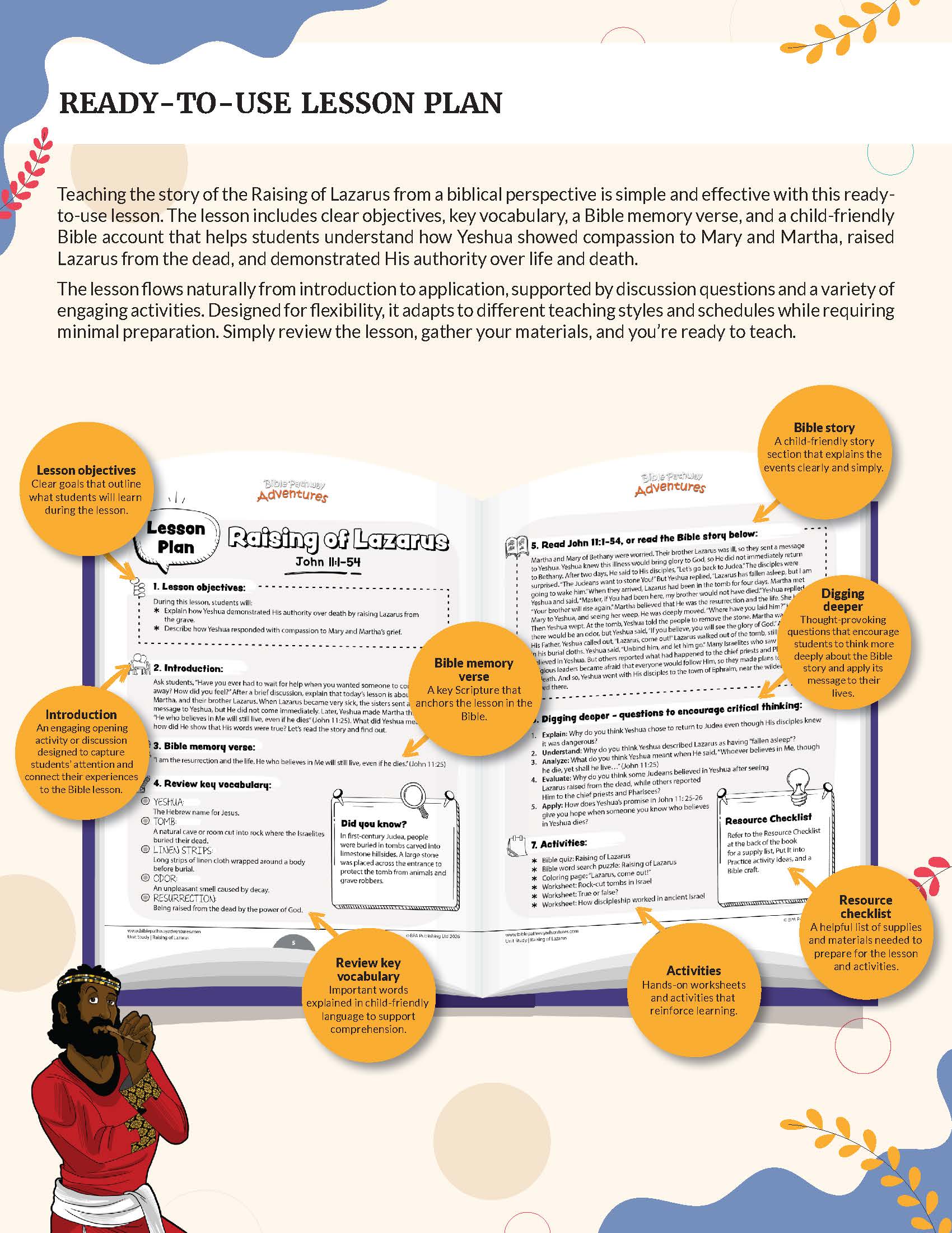 A colorful lesson plan poster titled 'READY-TO-USE LESSON PLAN' for 'The Teaching of Lazarus,' showing a mockup of printable lesson pages with callout circles, icons, and a small illustration of a child at the bottom left.