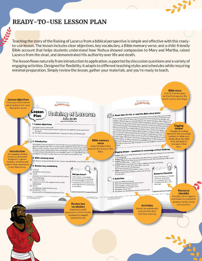 A colorful lesson plan poster titled 'READY-TO-USE LESSON PLAN' for 'The Teaching of Lazarus,' showing a mockup of printable lesson pages with callout circles, icons, and a small illustration of a child at the bottom left.