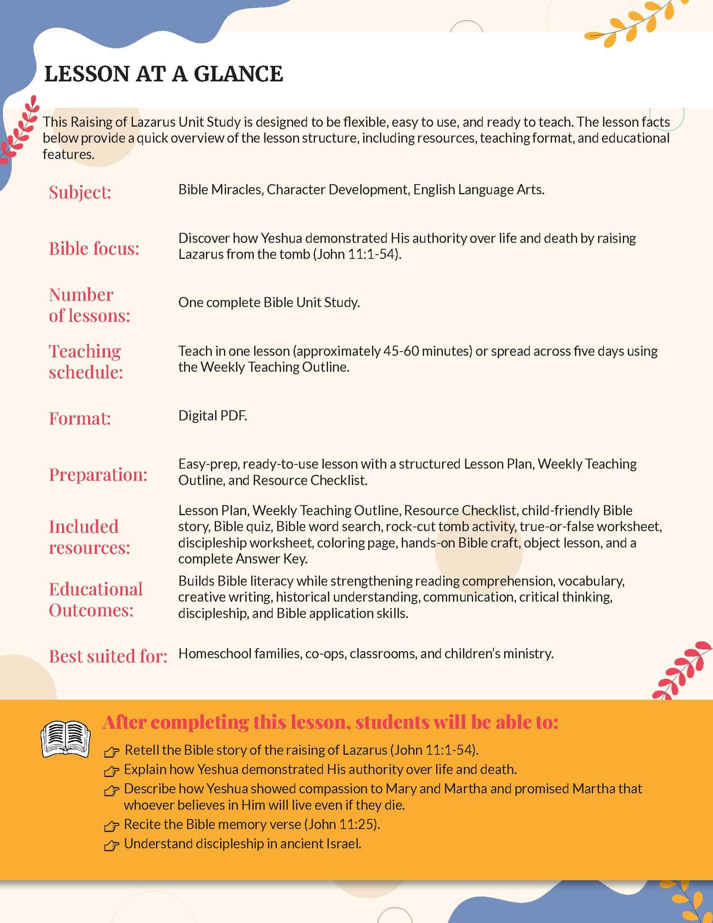 A digital lesson plan cover titled 'LESSON AT A GLANCE' for a Bible study on Lazarus. The design has a white background with a blue header and footer, featuring text outlining the subject, Bible focus, number of lessons, teaching schedule, format, preparation, included resources, educational outcomes, and learning objectives.