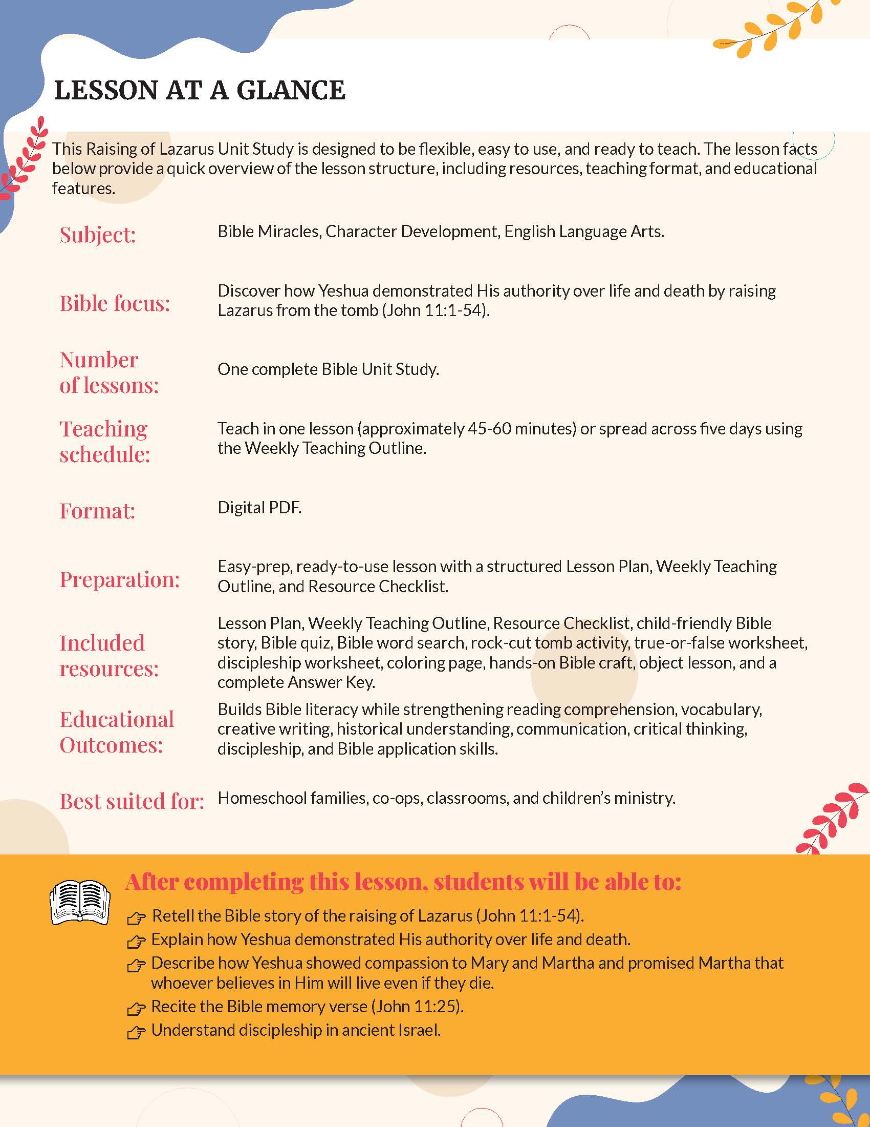 A digital lesson plan cover titled 'LESSON AT A GLANCE' for a Bible study on Lazarus. The design has a white background with a blue header and footer, featuring text outlining the subject, Bible focus, number of lessons, teaching schedule, format, preparation, included resources, educational outcomes, and learning objectives.