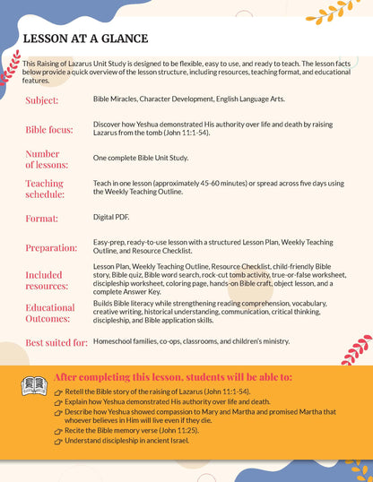 A digital lesson plan cover titled 'LESSON AT A GLANCE' for a Bible study on Lazarus. The design has a white background with a blue header and footer, featuring text outlining the subject, Bible focus, number of lessons, teaching schedule, format, preparation, included resources, educational outcomes, and learning objectives.