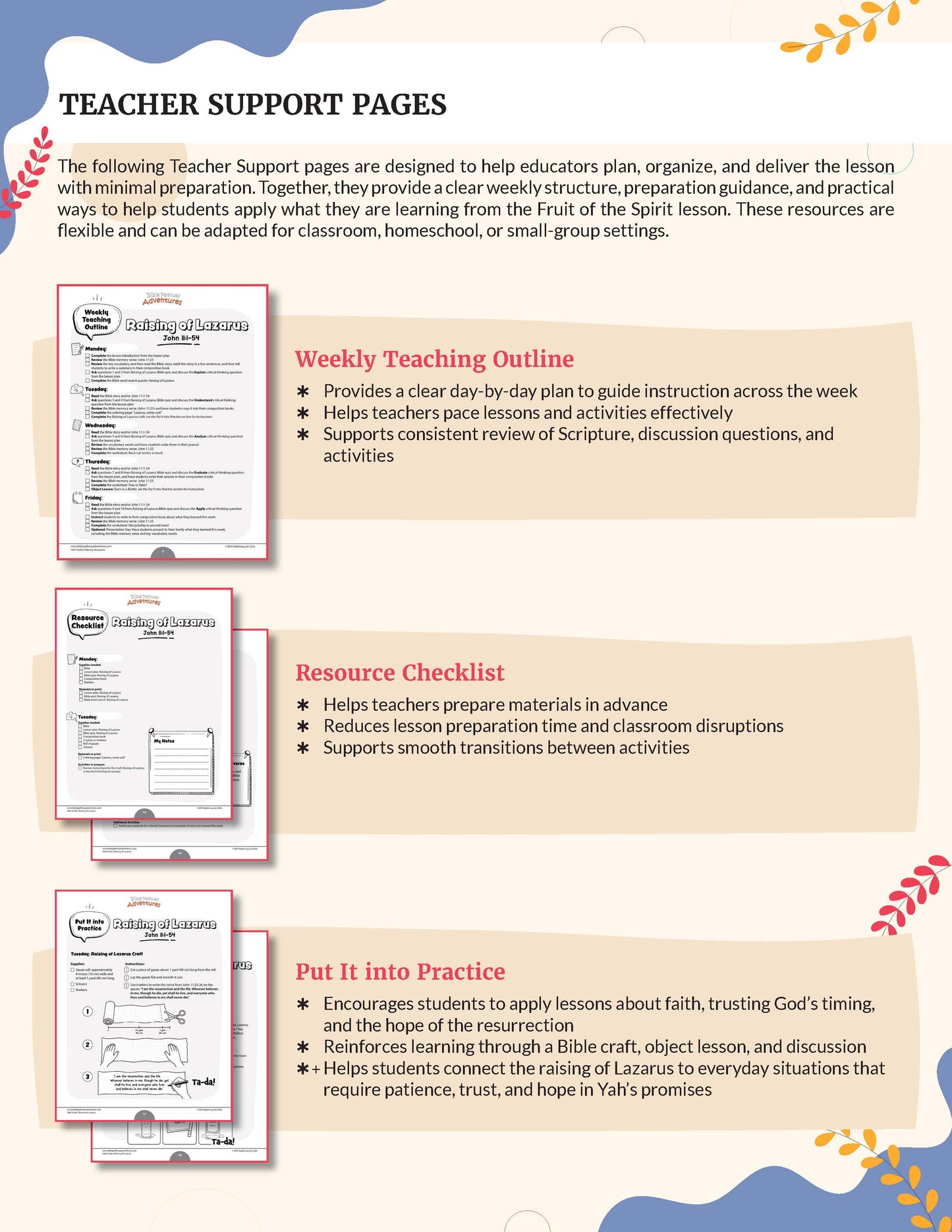 An informational poster about Teacher Support Pages, featuring three sample worksheet pages with headings like Weekly Teaching Outline, Resource Checklist, and Put It Into Practice, plus descriptive text on a beige background with decorative leaf graphics.
