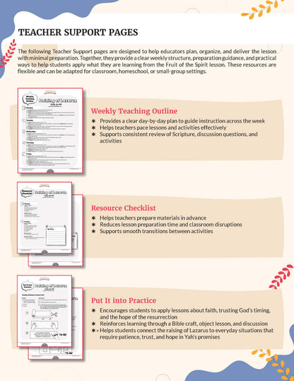 An informational poster about Teacher Support Pages, featuring three sample worksheet pages with headings like Weekly Teaching Outline, Resource Checklist, and Put It Into Practice, plus descriptive text on a beige background with decorative leaf graphics.