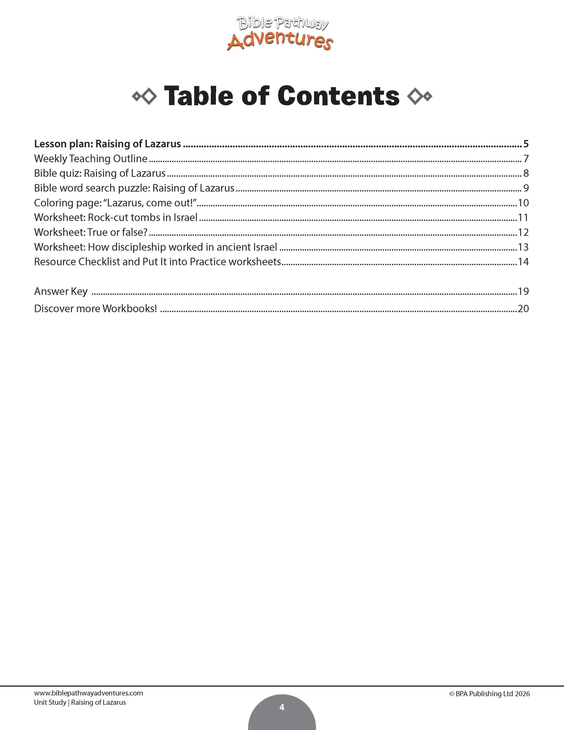 A black-and-white Table of Contents page from a children's workbook titled 'Raising of Lazarus with listed page numbers and a footer containing website and publisher text.
