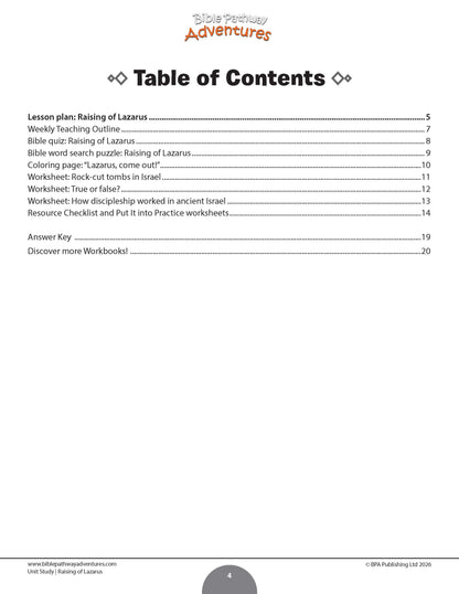 A black-and-white Table of Contents page from a children's workbook titled 'Raising of Lazarus with listed page numbers and a footer containing website and publisher text.