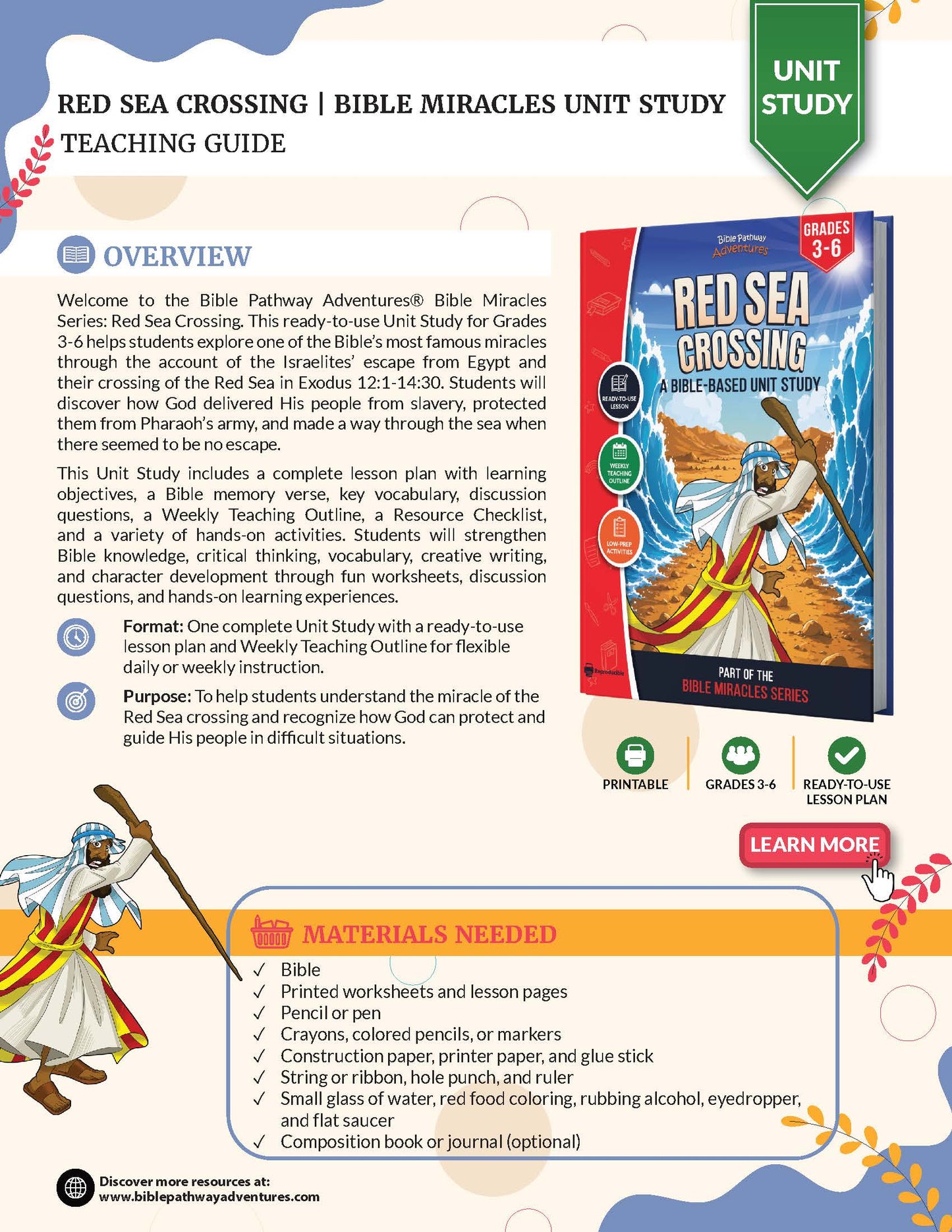 Teaching guide for 'Red Sea Crossing' Bible study unit with book cover and overview details.
