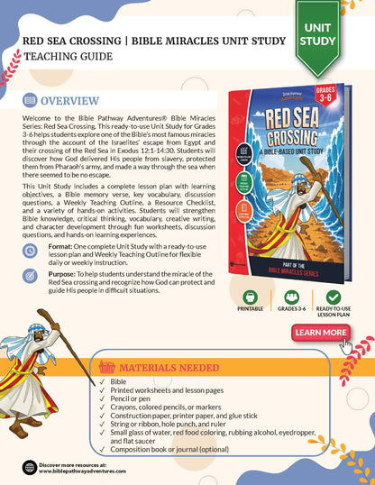 Teaching guide for 'Red Sea Crossing' Bible study unit with book cover and overview details.
