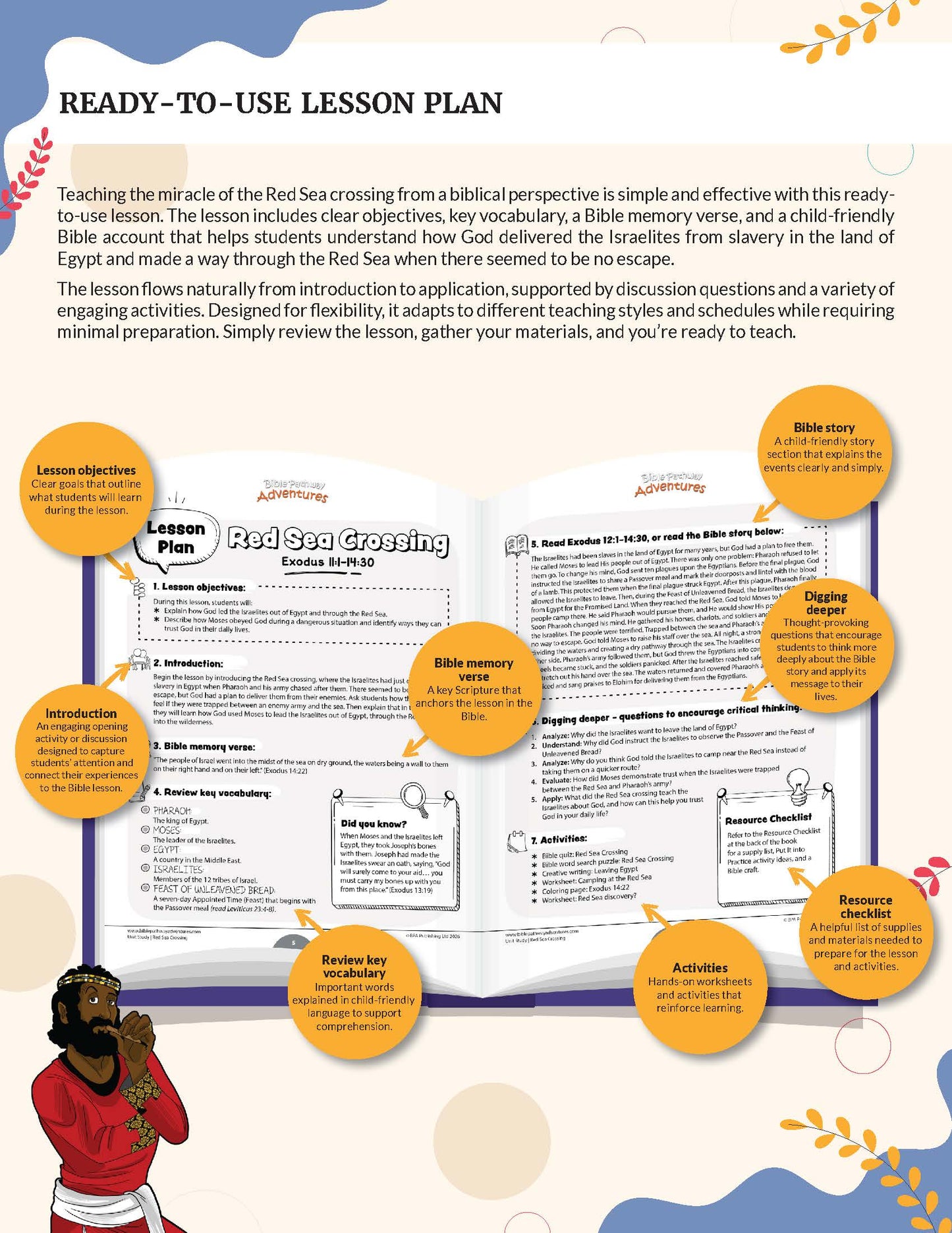 Lesson plan for teaching the Red Sea crossing from a biblical perspective, with colorful graphics and text.